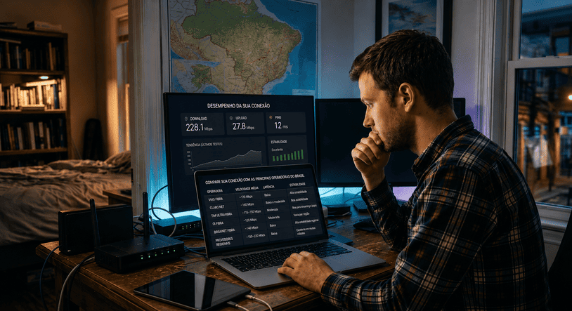 Pessoa testando velocidade da internet em notebook com comparativo de operadoras Vivo, Claro, TIM e Oi Fibra em 2026.